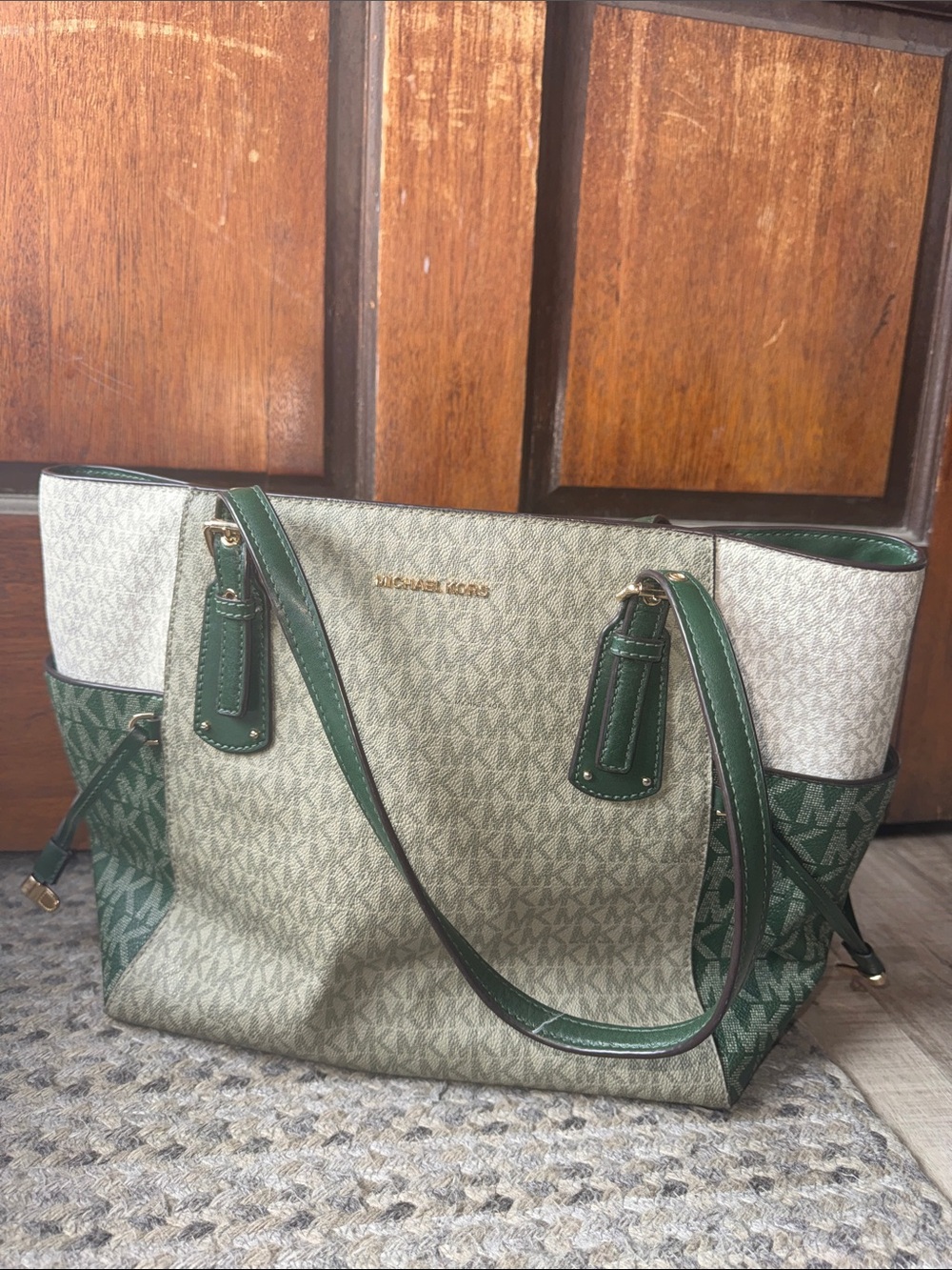 Michael Kors Tri-Tone MK Tote in Brown and Green with Gold Accents